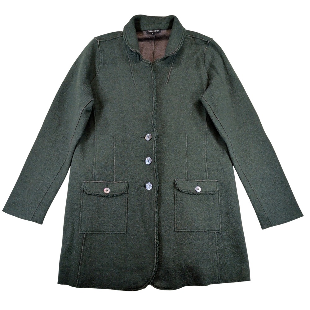 Eileen Fisher Forest Green Merino Wool Raw Edge Button Front Coat F1FP-2 Medium